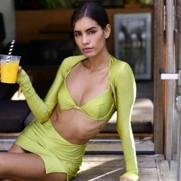 VDM 2 Piece Matching Set Green Metallic Knit Bolero Top & Mini Skirt Beach - Picture 8 of 8